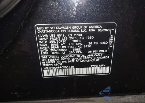 2023 Volkswagen Atlas 3.6L V6 Sel z USA, uszkodzony, nr VIN 1V2BR2CA5PC551840